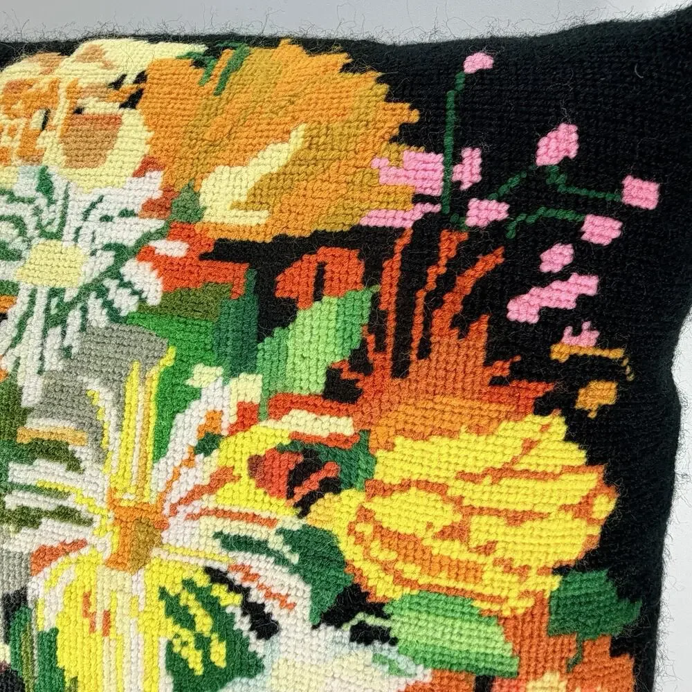 Vtg Handmade Needlepoint Throw Pillow Black Green Yellow Bouquet Vase Boho 16